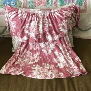 Timing pink with white flowers off the shoulder top